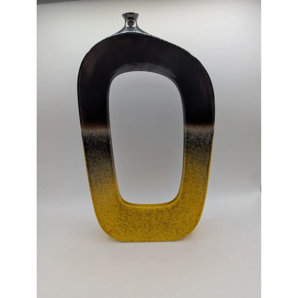 Global Views Portugal Ceramic Donut Vase Black Yellow Ombre Abstract Modern 12in